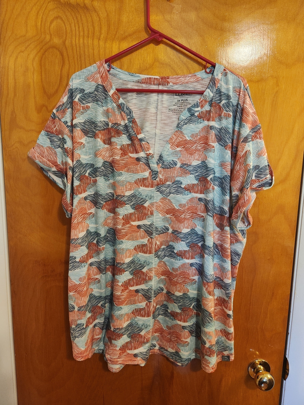 L.L. Bean Coral and Teal Short Sleeve V-Neck Top